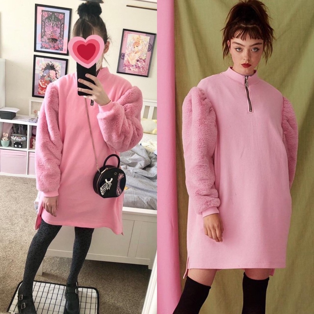 Lazy Oaf GEM Fur Sleeve Pink Zip Sweatshirt Dress